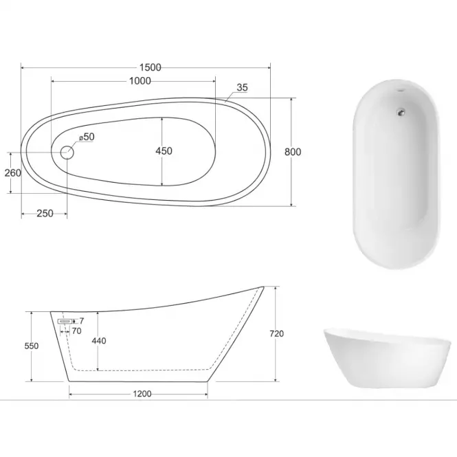 Wanna wolnostojąca Melody 150/80 z syfonem klik klak z przelewem prostokątnym slim chrom