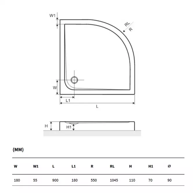 Brodzik półokrągły 90/90/11 SENSE COMP. BREX.SEN09WHC