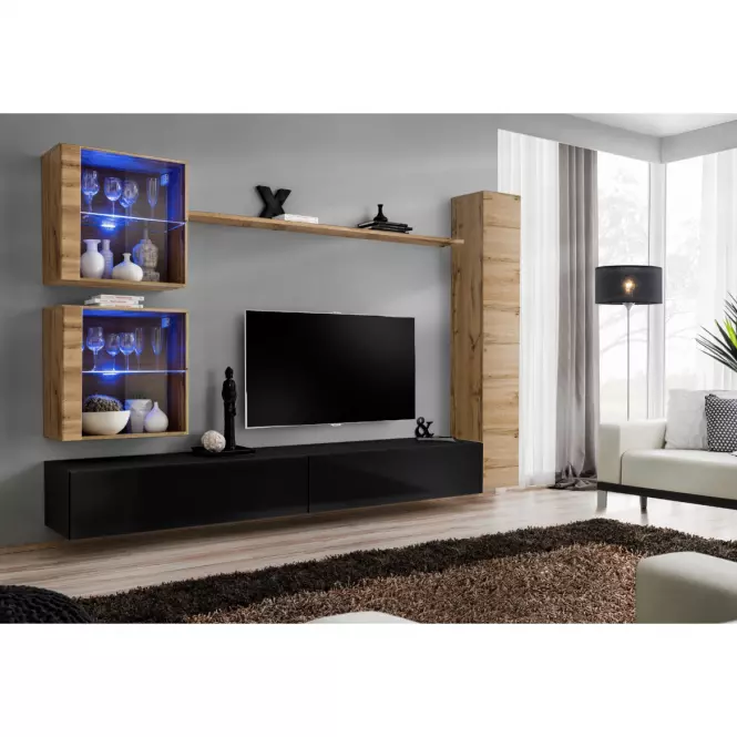 Meblościanka Switch XVIII szkło + LED Wotan/Czarny