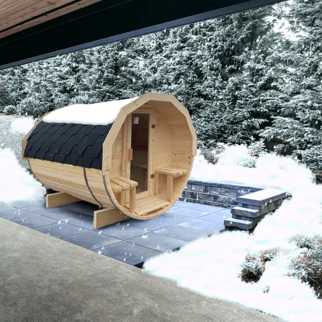 Sauna beczka z tarasem + piec Sentiotec 100 9 kW