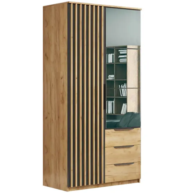 Szafa uchylna Sorento 100 cm z lustrem – craft złoty/czarny, lamele, dwudrzwiowa, szuflady