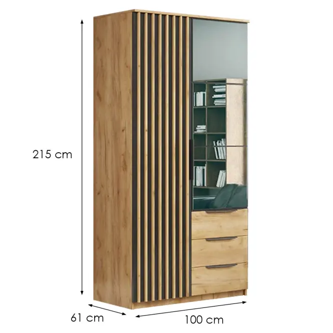 Szafa uchylna Sorento 100 cm z lustrem – craft złoty/czarny, lamele, dwudrzwiowa, szuflady