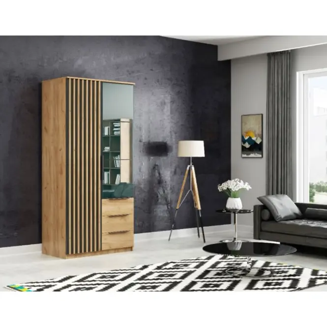 Szafa uchylna Sorento 100 cm z lustrem – craft złoty/czarny, lamele, dwudrzwiowa, szuflady