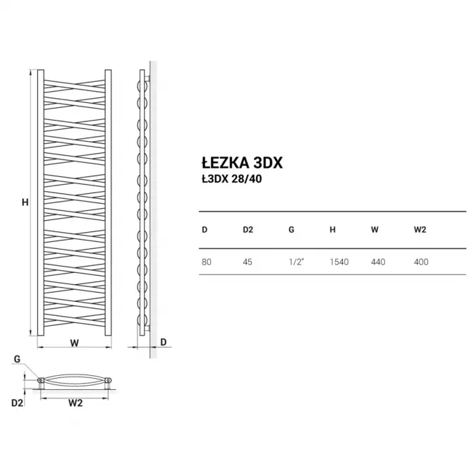 Grzejnik łazienkowy Łezka 3D Ł3DX 28/40 biały 1580x440