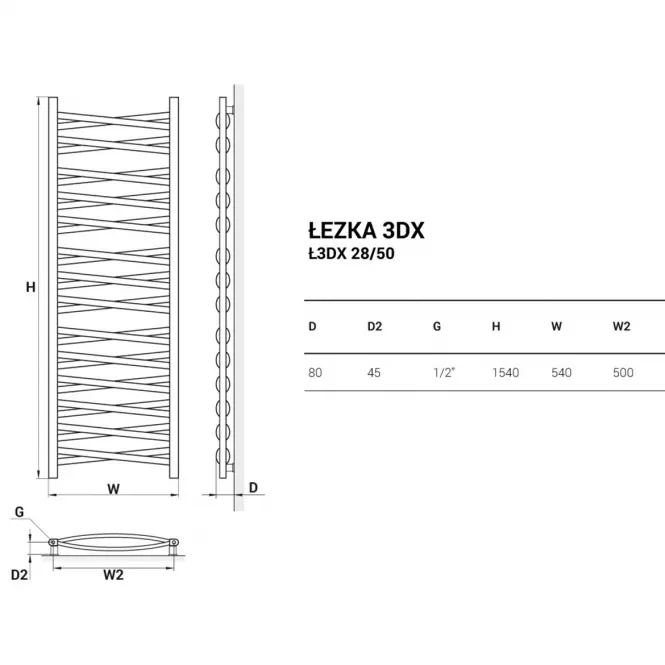 Grzejnik łazienkowy Łezka 3D Ł3DX 28/50 biały 1580x540