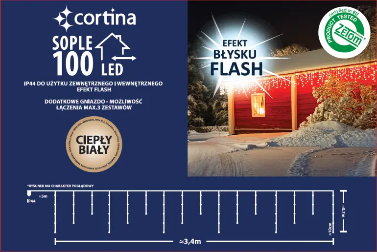 Lampki LED sople 100l zew. Trans+gn+flash biały kabel10