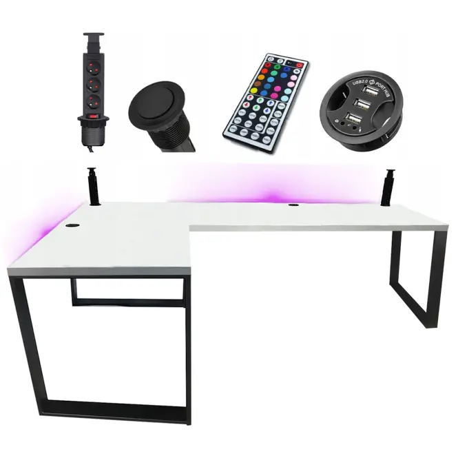 Biurko Gamingowe Narożne Loft Low Białe 202x136x3.6 Model 3