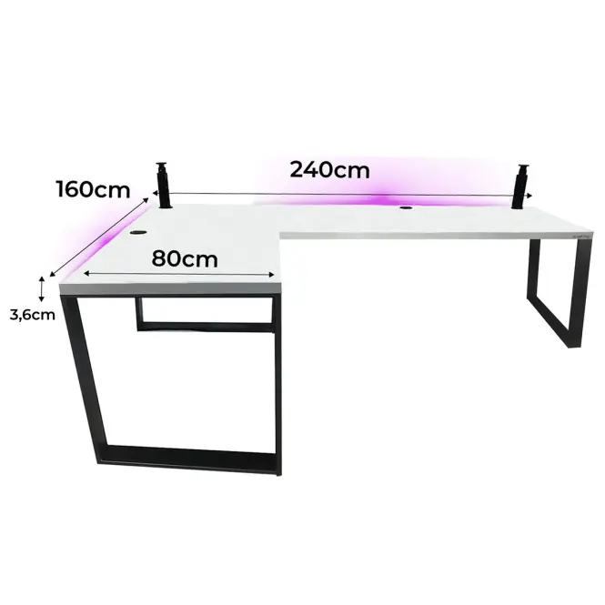 Biurko Gamingowe Narożne Loft Low Białe 240x160x3.6 Model 3