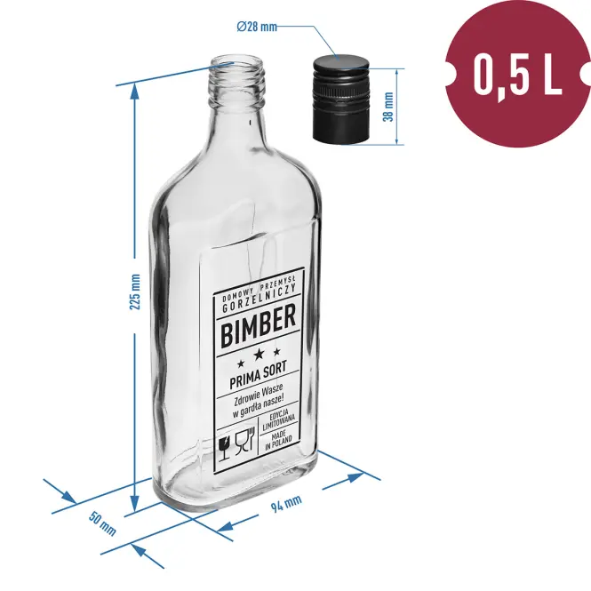 Butelka piersiówka 500 ml z zakrętką i nadrukiem – Bimber PRL