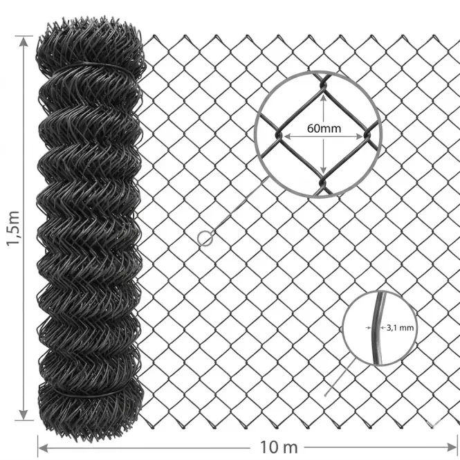 Siatka pleciona 1,5x10 m 3,1 mm 60 mm antracyt GMC1510G