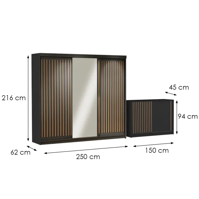 Zestaw szafa Royal 250 czarna + komoda Royal 150