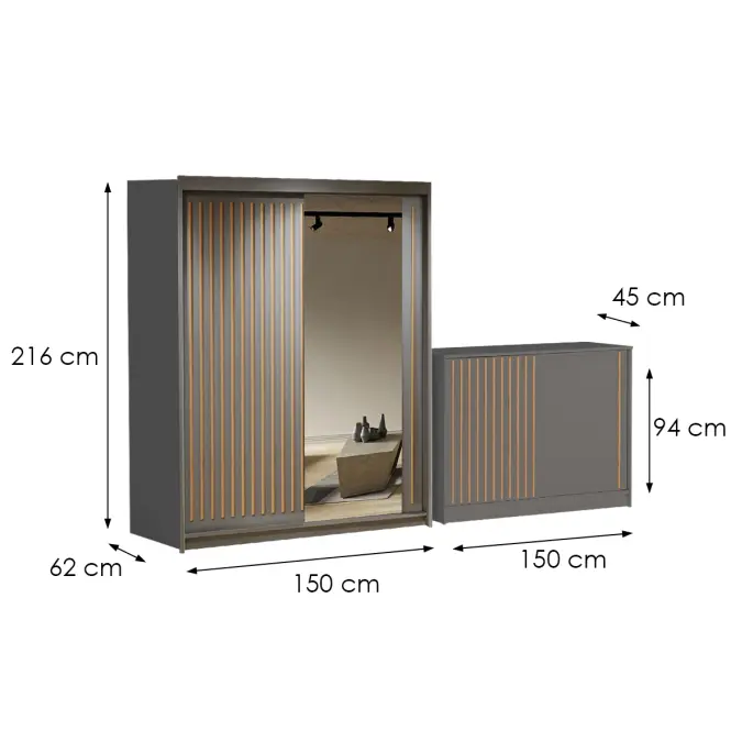 Zestaw szafa Royal 150 szara + komoda Royal 150